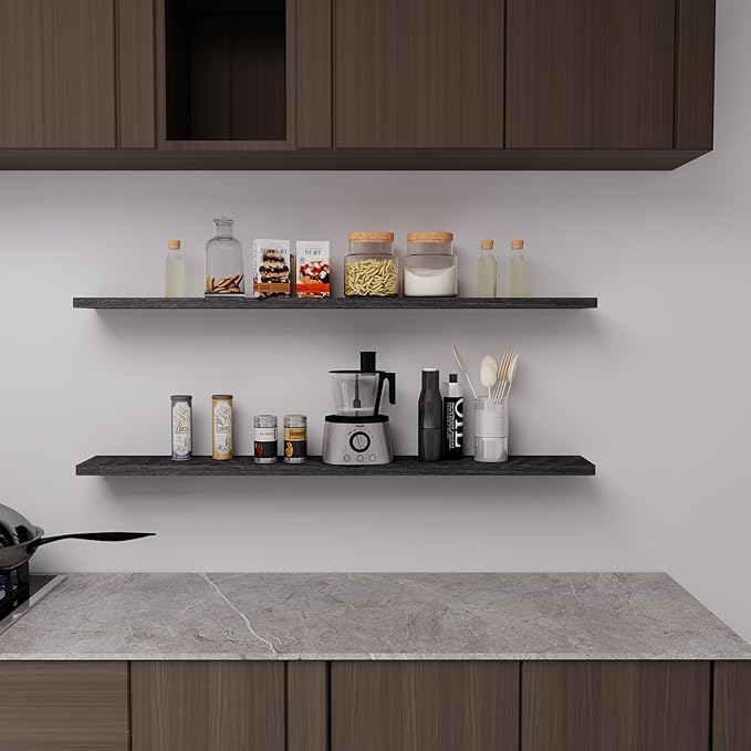 Floating Shelves 48 Inch Wall Shelf Solid Wood Mounted Storage for Bedroom Living Room Set of 2, Black Wall Shelves