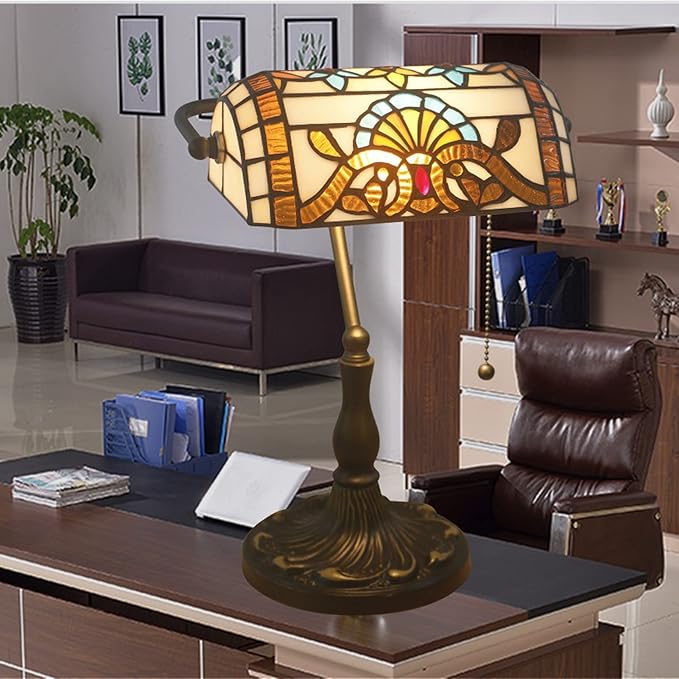 Tiffany Style Bankers Table Lamp Stained Glass Piano Desk Lamp Vintage Bedroom Bedside Lamp for Study,Antique Alloy Base,Zipper Switch,Green Baroque a