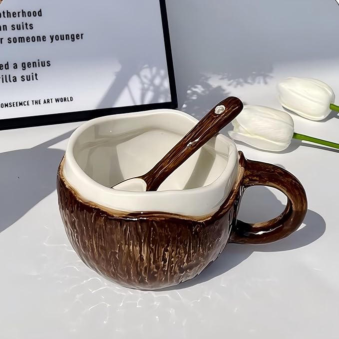 Ceramic Coffee Mug With Spoon, Coconut Cup, Novelty Mugs, Aesthetic Cups, Elegant Gift for Home Office, About 8.5-10 oz