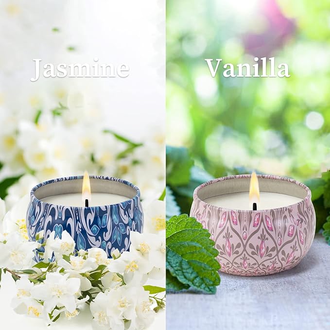 Jasmine and Vanilla Aromatherapy Candles 2 Pack, 2.5 oz, 12 Hour Burn Time, Portable Home Tin Jar Candles for Travel, Spa, Bath