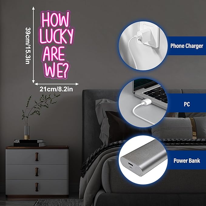 How Lucky Are We Neon Sign, Dimmable LED Pink Anniversary Quote Neon Sign, Motivational Wall Decor, Inspirational Quote Sign Neon Light Sign for Wedding Bedroom Living Room Girls Romantic Gift(8.2*15.3in)
