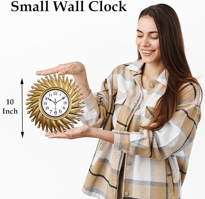 Small Wall Clock, 10 Inch Gold Sunburst Wall Clock, Mid Century Vintage Decorative Battery Operated Clock for Living Room, Bedroom, Kitchen, Bathroom, Office