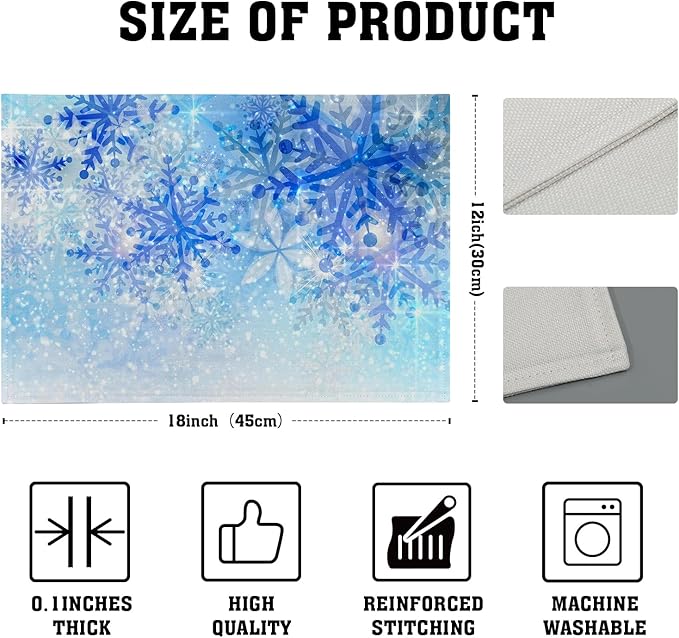 Giwawa Christmas Snowflake Placemats, White Blue Falling Crystal Nature Ice Table Mat, Winter Snow Place Mats Set of 4 for Kitchen Dining Decor, 12"x18", Heat Resistant Non-Slip