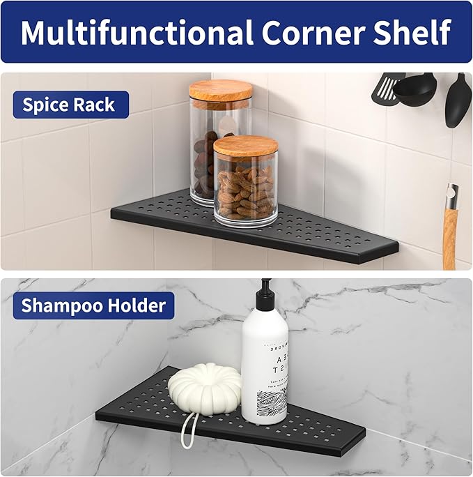 Corner Shower Shelf, Matte Black 12" Trapezoid Floating Shampoo Shelf, 304 Stainless Steel Grid Design Recessed Bathroom Shelf for Tiled Wall, No Drilling