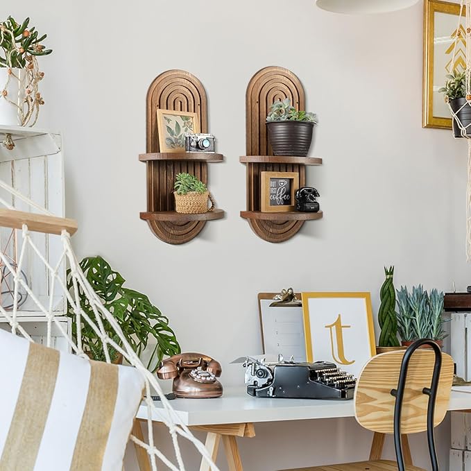Wenqik 2 Pcs Boho Wall Shelf Rainbow Arch Wooden Floating Shelf Mid Century Bohemian Hanging Holder Double Vintage Wall Mount Altar Decor for Nursery Bedroom 15.75 x 6.69 Inches(Brown)