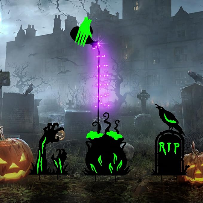 Halloween Yard Signs Outdoor Decorations,3 Pack Warerproof Solar Scary Fluorescent Metal Stake Lights Glow in The Dark for Lawn Garden Halloween Decor (Potions Ghost Hand Tombstone)