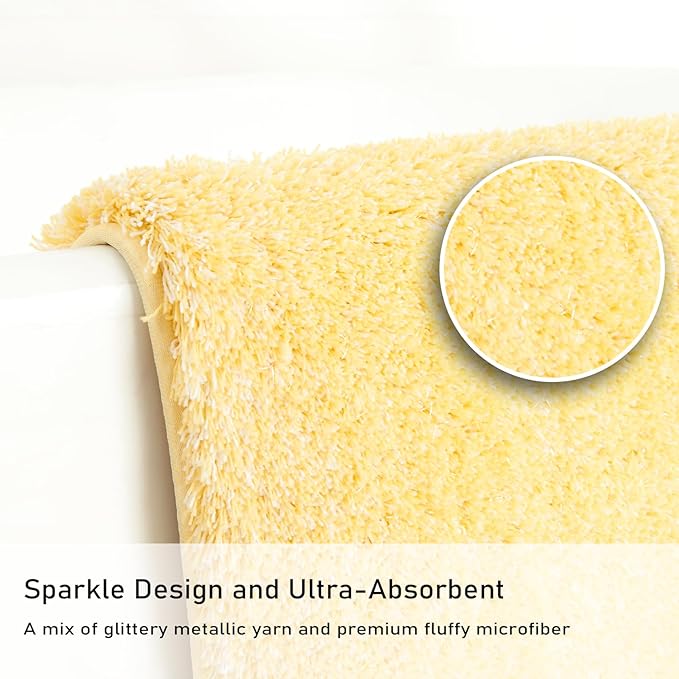 Douceur Sparkle Bath Mats for Bathroom Non Slip 32" X 20", Super Soft Microfiber Yellow Bathroom Rugs Washable, Fluffy Absorbent Bath Rugs, Quick Dry Shower Mat Gifts, Yellow and White