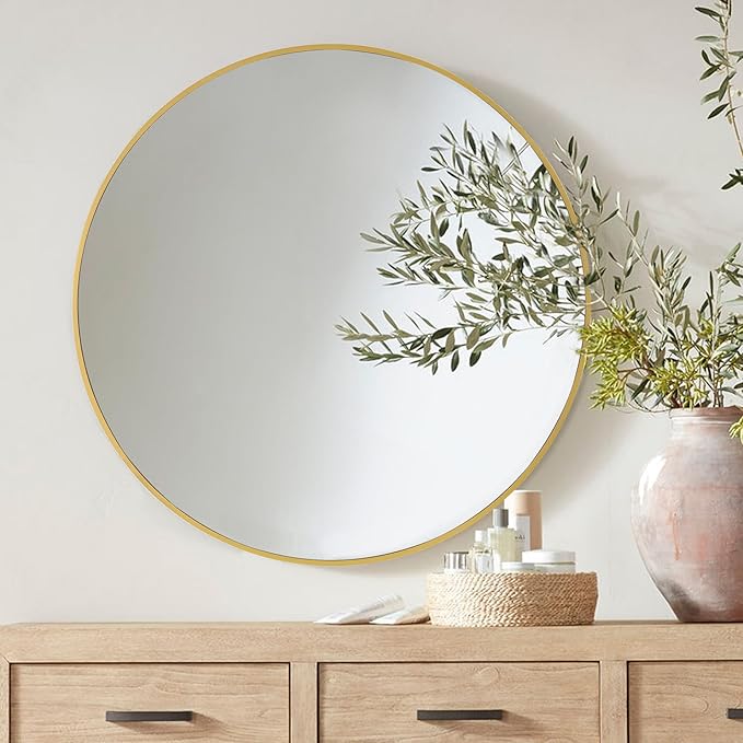 CULER Round Gold Bathroom 24 Inch Mirror,Circle Wall Modern Mirror for Bedroom,Hanging Vanity Tempered Glass Mirrors for Entryway or Living Room