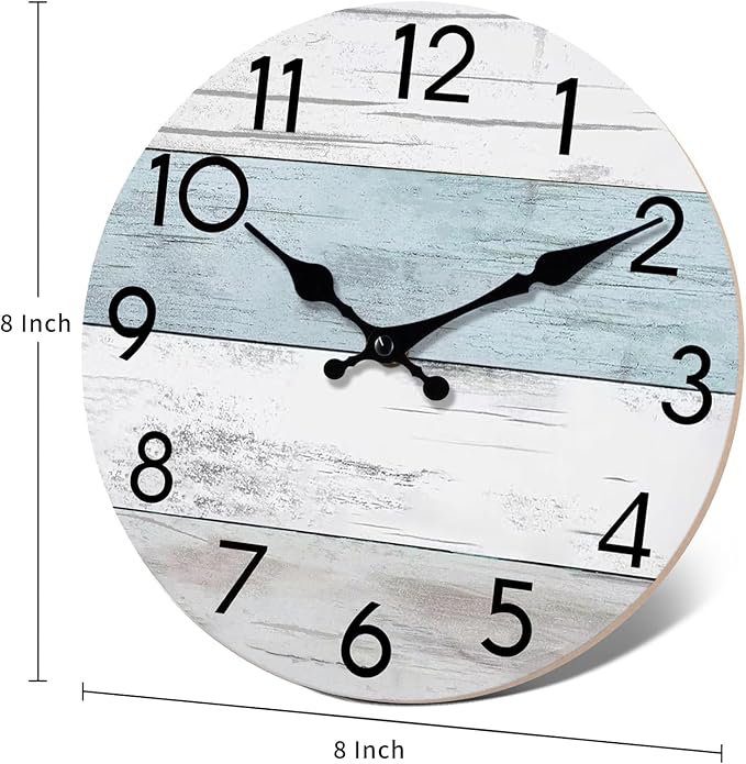 Wall Clock Silent Non-Ticking Wooden Clocks Battery Operated 8 Inch Small Country Retro Rustic and Beach Style Decorative for Kitchen, Home, Bathroom, Bedroom (Blue)