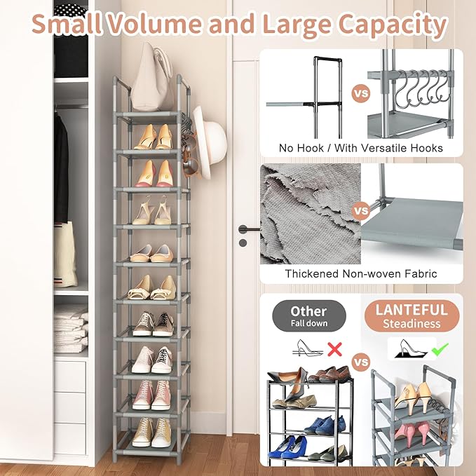 Narrow Shoe Rack 10-Tier Tall Shoe Organizer Skinny Shoe Shelf Storage for 10-15 Pairs Shoe and Boot, Space Saving Corner Shoe Rack Organizer for Closet, Entryway, Living Room, Grey