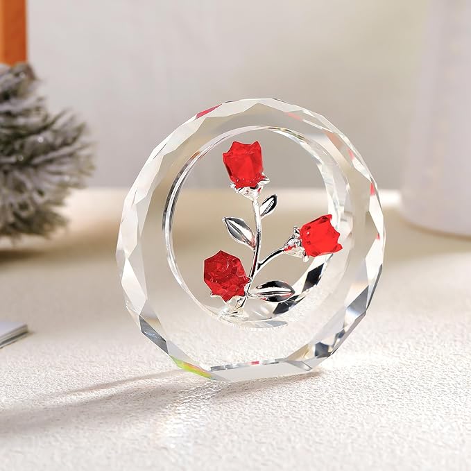 Crystal Red Rose Bouquet Figurines Glass Flowers with Stems Valentines Anniversary Rose Gifts for Girlfriend Wife, Red Crystal Rose in Glass Ring Collectible Figurines Forever Roses Decor