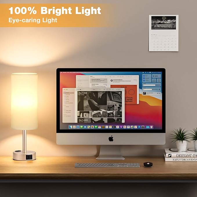Touch Bedside Table Lamps Set - 3 Way Dimmable Bedroom Lamps Set of 2 with USB C and A Ports, Small Lamps for Nightstand with AC Outlet, Gold Base Round Flaxen Shade for Desk, Office, Dorm, Nursery