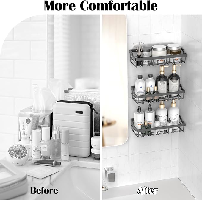 3 Pack Shower Caddy, Adhesive Shower Organizer for Bathroom Storage, Rustproof Stainless Steel Shower Shelves, No Drilling, Large Capacity Shower Rack Shelf for Inside Shower, Black