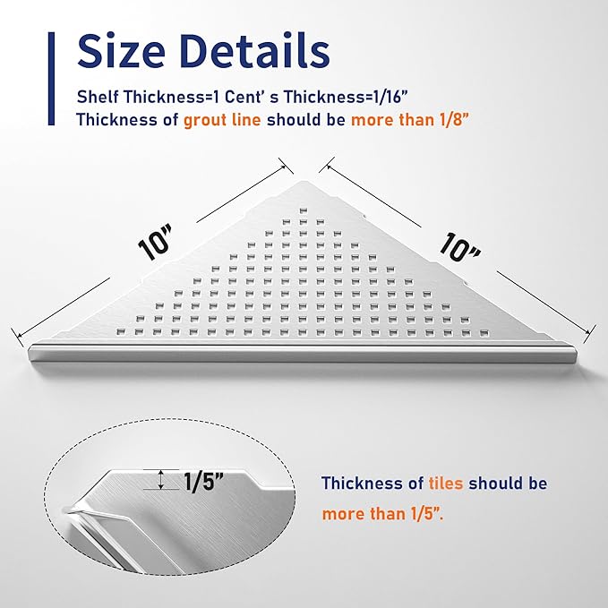 Corner Shower Shelves, 10" Brushed 304 Stainless Steel Recessed Shelf for Bathroom, Grout in Shelf for Tiled Wall, 2 Pack, No Drilling Needed