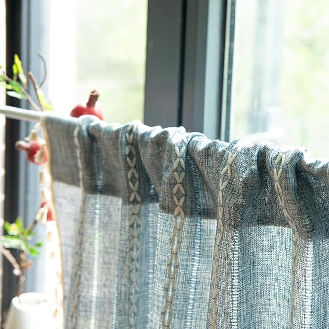Sutuo Home Blue Boho Curtain 52W x 36L inch White Striped Light Filtering Short Valance Tier, 1 Panel Embroidery Bohemian Farmhouse Country Kitchen Window Treatment Decor for Small Closet