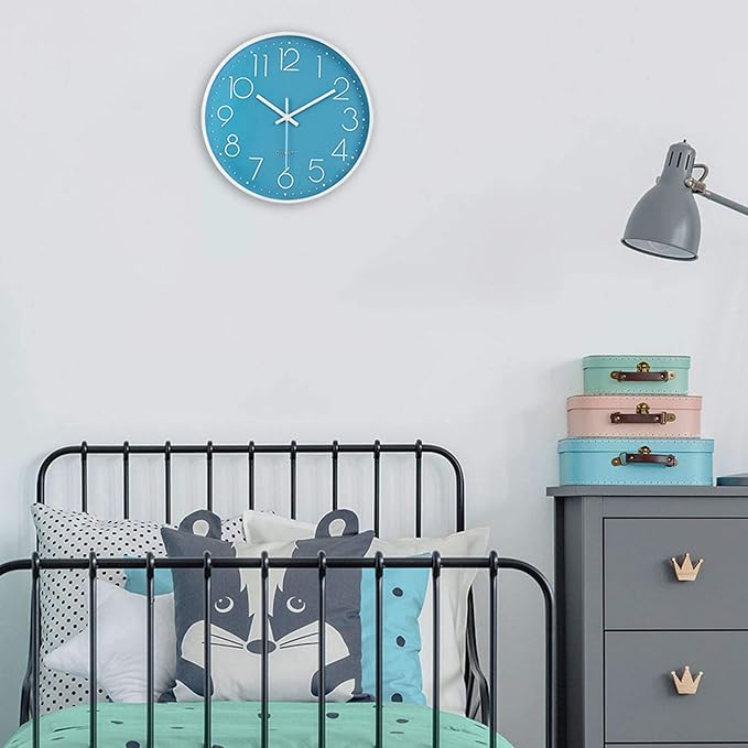 Lafocuse 12 Inch Blue Wall Clock Battery Operated for Kitchen Living Room, Silent Kids Analog Clock for Girls Boys Bedroom, Blue Home Décor