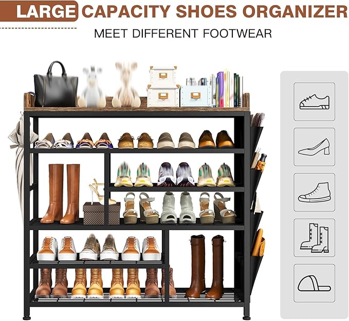 EnHomee Metal Shoe Rack for Entryway, 6 Tier Shoe Storage Organizer Holds 22 Pairs, Wooden Top and Side Pocket for Entry, Entrance, Hallway, Black