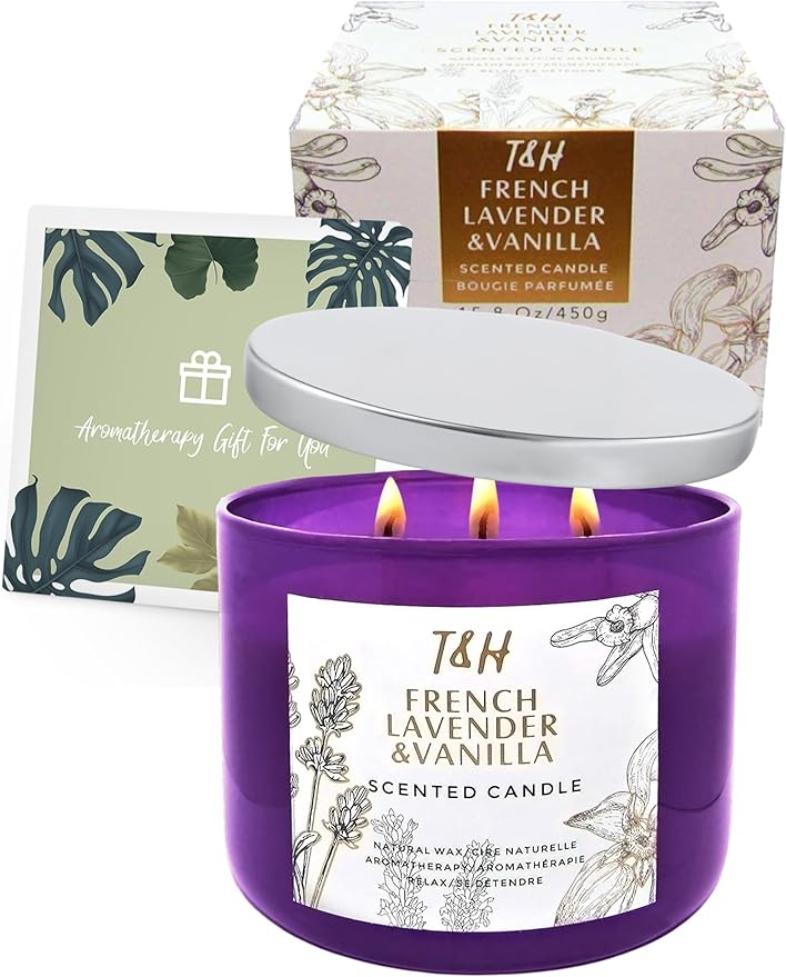 Lavender Vanilla Aromatherapy Candle 3 Wick | Scented Candles for Home | 15.8 oz Large Soy Candle | Relaxing Candles with Long Lasting Fragrance | Decorative Candle Gift for Women