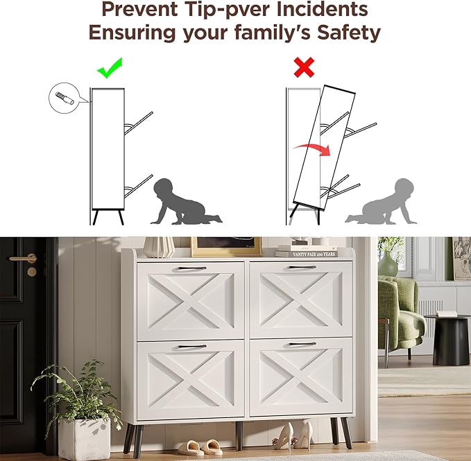 Maupvit Large Shoe Storage Cabinet with 4 Flip Drawers, Narrow Shoe Cabinet for Entryway with Wooden Legs, Freestanding Hidden Shoe Rack Organizer & Metal Hinges, White