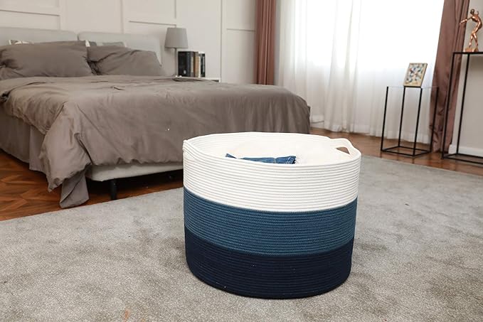 24" x 24" x 17" Max Size Large Cotton Rope Basket, Extra Large Storage Basket, Woven Laundry Hamper, Cloth Storage Bin, for Blankets Clothes Towels Pillows in Living Room, Dark Blue/Deep Blue