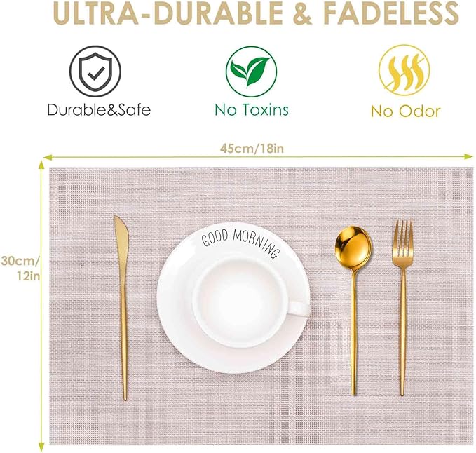 GIVERARE Placemats Set of 4, Heat-Resistant Woven Vinyl Placemat 12x18in, Non-Slip Washable PVC Table Mat, Easy to Clean Premium Plastic Mats for Dining, Kitchen Table (Beige)