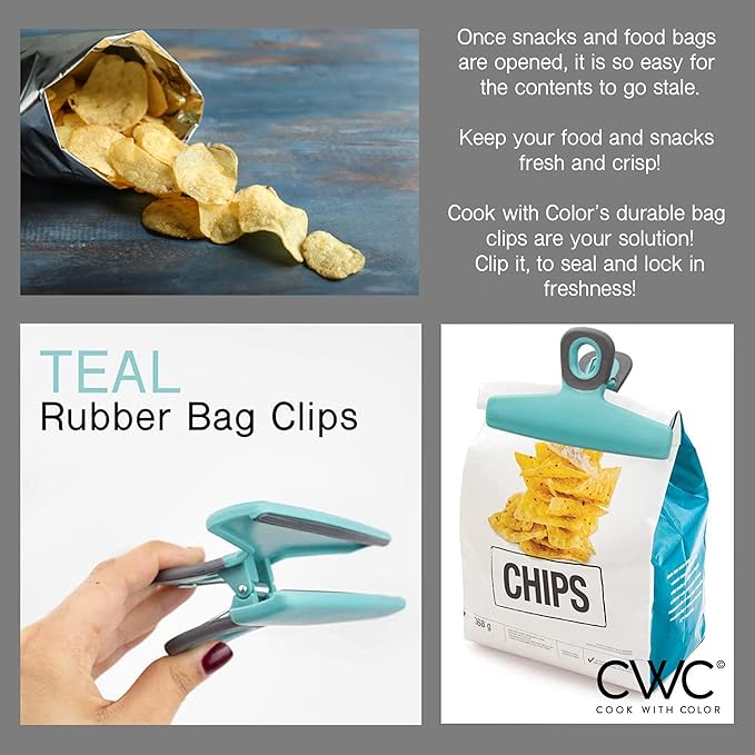 COOK WITH COLOR Food Clips - Wide Heavy Duty Chip Clips, Large Bag Clips for Food Storage with Air Tight Seal Grip, Pack of 16, Teal