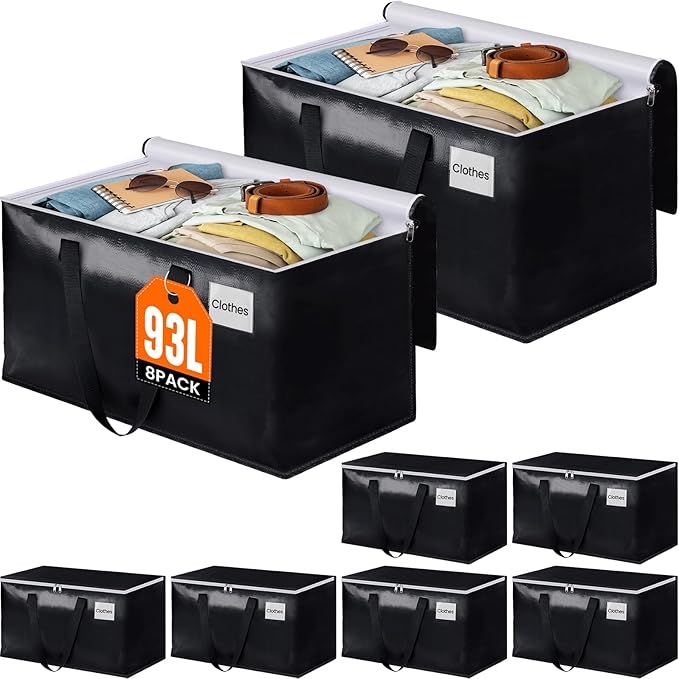 BlissTotes Moving Bags, Heavy Duty Moving Boxes with Zippers Top and Sturdy Handles, Storage Bags for Space Saving and Packing, Collapsible Moving Supplies, Storage Totes (93L, 8-Pack, Black)