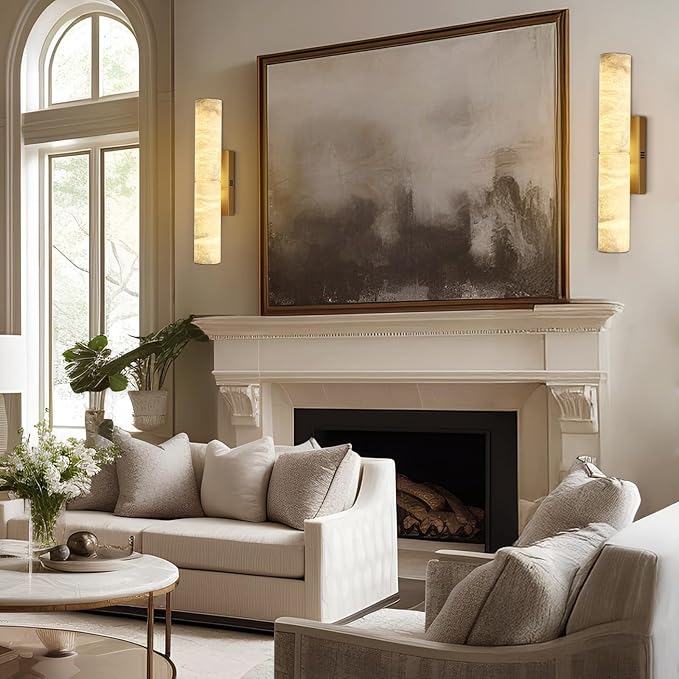 Brass Alabaster Wall Sconces, 20" Natural Marble Wall Sconce, Hardwired Gold Wall Sconces Indoor, Stone Wall Sconce Dimmable, Alabaster Wall Lamp for Living Room, Bathroom, Bedroom, Hallway-Upgraded