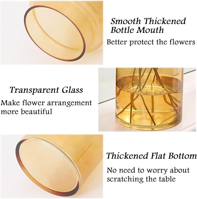 Large Glass Vase, 9 Inch Amber Glass Vase, Large Flower Vases for Bouquet, Tall Wide Mouth Vases for Flowers, Home, Wedding, Living Room, Office Decor