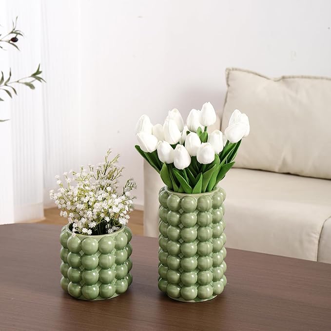 Bubble Vases, Set of 2 Green Ceramic Vases, Short Vases, Ceramic Flower Vases, Unique Vases, Tall Bubble Vases for Coffe Table Decor, Decorative Vases for Living Room, Dining Table, Wedding