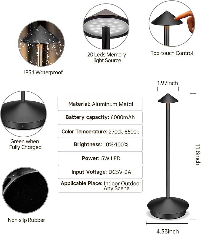 Portable Cordless Table Lamp Modern Led Desk Lamp Rechargeable, 6000mAh Battery Table Light for Dinning Patio Bedroom Camping Coffee Shop Restaurant, IP54 Waterproof, Dimmable 3 Light Color