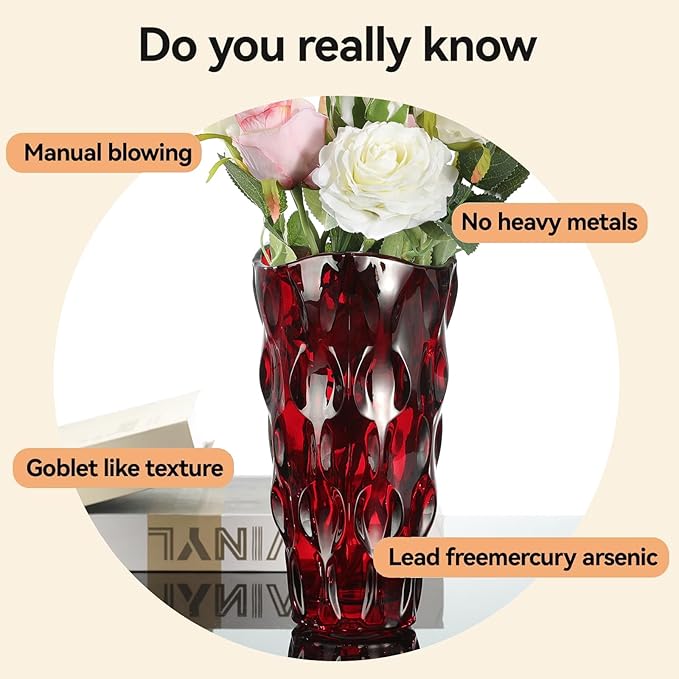 CEMABT 9.5inch 3.4 lb Glass Vases for Flowers Unbreakable Thickened Morden vase for Tables Centerpieces,Colorful,Vintage and Clear Rose Large Flower vases for Bouquet Unique Gifts(Red)
