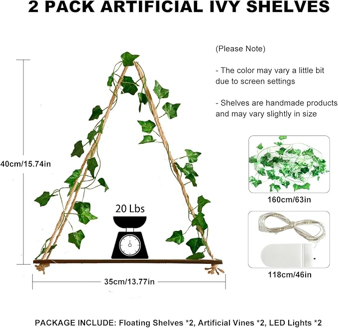2 Pack Artificial Ivy Wall Hanging Shelves Boho Floating Shelves Wall Decor, Adjustable Rustic Wood Shelf with LED Light Storage Rack Macrame Plant Shleves Holder for Bedroom