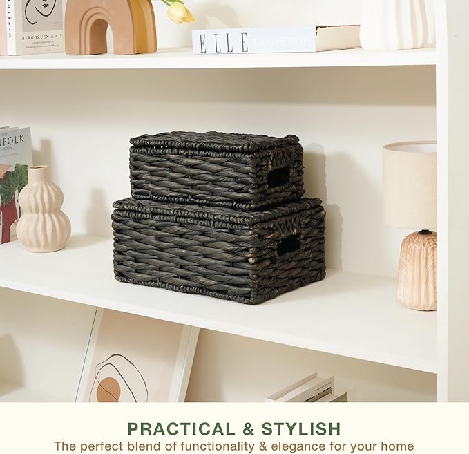 Wicker Basket with Lid - Decorative Storage Boxes for Home Decor, Shelves - Woven Basket with Lid - Wicker Decor - Rattan Box - Decorative Bins with Lids (Black)