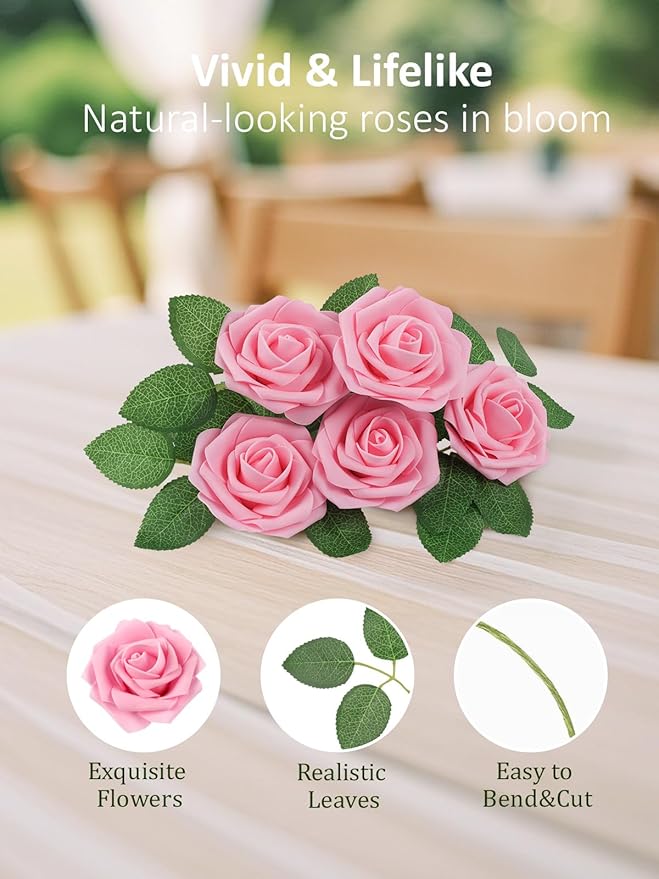 N&T NIETING Artificial Flowers Pink Roses, 25Pcs Fake Flowers Foam Roses with Stems for DIY Wedding Bridesmaid Bridal Bouquets Centerpieces Party Home Decoration Baby Shower