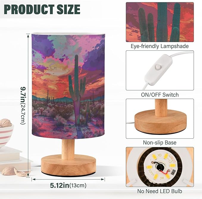Table Lamp Pretty Cactus Desert Sunset Nightstand Lamp with Wood Base Fabric Lamp Shade Bedside Desk Lamp for Living Room Bedroom Kids Room Office