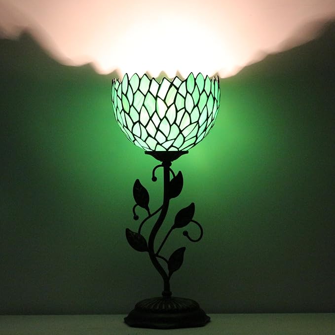 Small Tiffany Lamp Stained Glass Table Lamp Uplight Accent Lamp with Metal Leaf Base Green Wisteria Style Desk Light 8X19 Inch for Home Office Living Room Bedroom