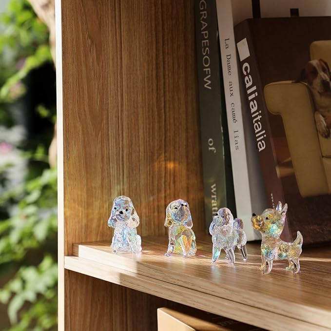 Crystal Glass Dog Figurines 4PCS Set Puppy Statues Animal Ornament Handmade Sculpture for Home Decor