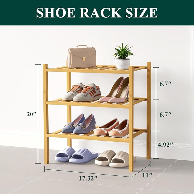 Smiry Bamboo Shoe Rack for Closet, 3 Tier Small Wooden Stackable Shoe Organizer, Free Standing Shoes Storage Shelf for Entryway, Front Door Entrance, Natural