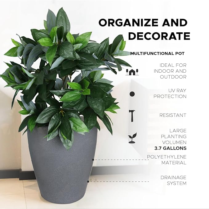 Elly Décor 23 inch Planter for Garden with Drainage, Large Round, Lightweight & Extremely Durable, Deck Indoor/Outdoor Plastic Pot, 23.6" x 21.6"x14, Granite Gray