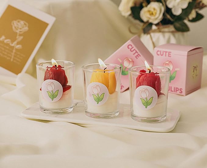 Tulip Flower Healing Scented Candle Glass Jar,110G Handmade Flower Bouquet Scented Soy Wax Aroma Decorative Candle for Table Photo Prop Gift,Prefect for Meditation Stress Relief Mood (Red)