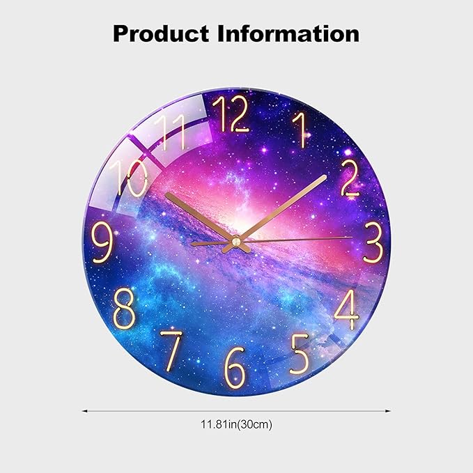 Ergocar Glass Wall Clock Silent Scanning Mechanical Round Glass Wall Clock, Suitable for Living Room, Kitchen, Office.