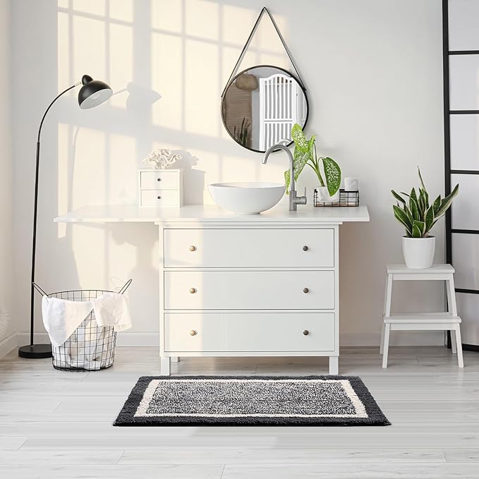 CozeCube Bath mats for Bathroom Non Slip, Fluffy Shaggy Bath Rugs for Bathroom Washable, Extra Soft and Absorbent Microfiber Bath Rugs for Shower Sink, Kitchen Sink, Jet Black, 16" x 24"