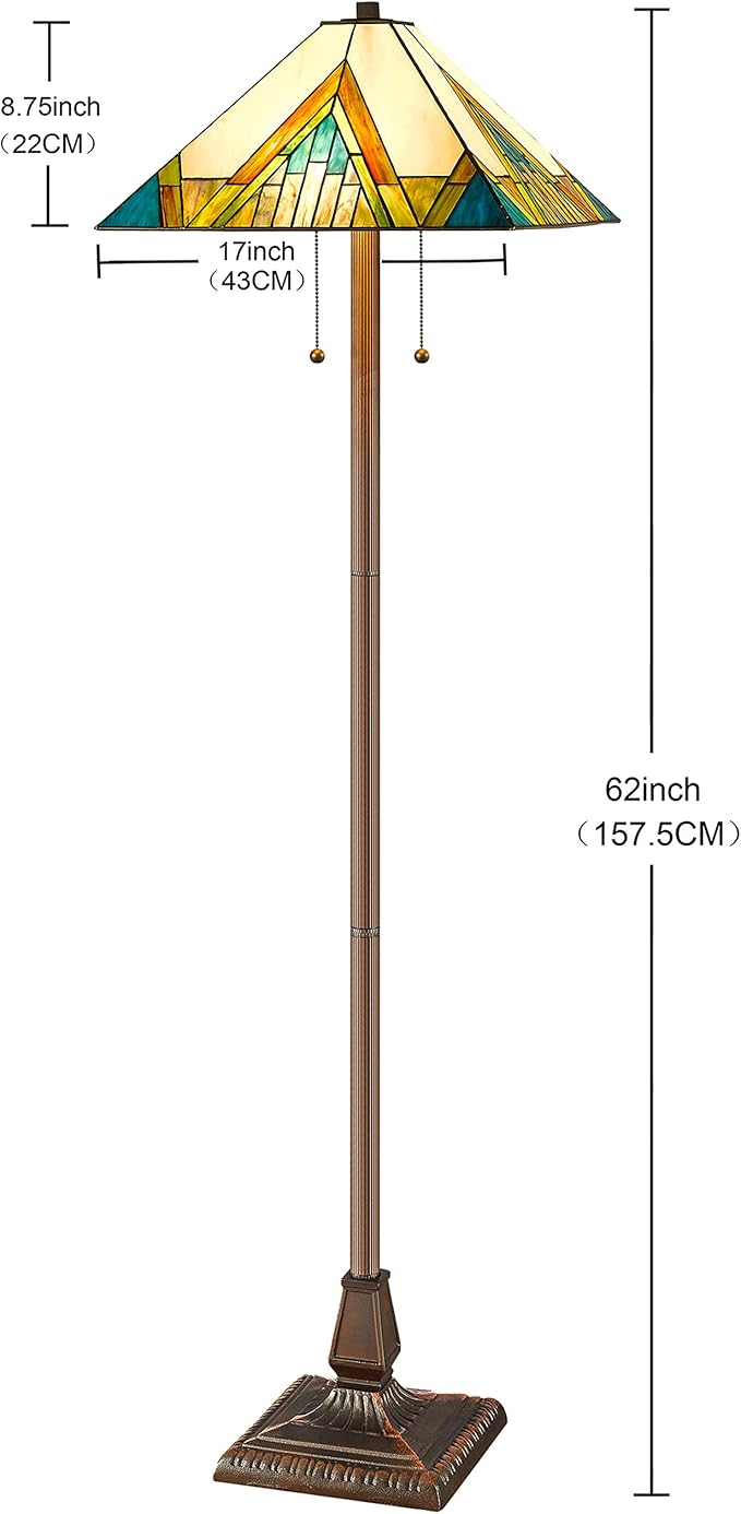 Tiffany Style Mission Standing Floor Lamp 62" Tall Stained Glass Yellow Green Brown Tan Antique Vintage Light Decor Bedroom Living Room Reading Gift Amora Lighting AM353FL17
