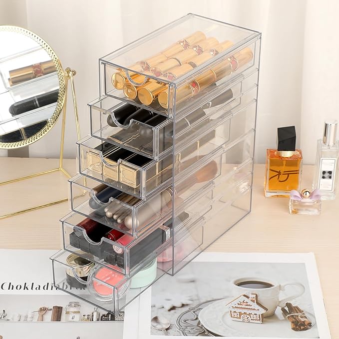 Hipiwe Plastic Drawer Organizer Clear Desktop Drawers Box with 6 Pull Out Drawer Compact Storage Box for Cabinet Vanity Bathroom Bedroom Pantry Shelf Office or Closet Organization