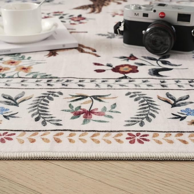 Door Mat Indoor Entrance 2x3 Rug Machine Washable Boho Floral Animal Small Area Rug Non-Slip Low Pile Throw Rugs for Entryway, Kitchen, Front Door Indoor Entrance, Entry, Kids Room (Beige)