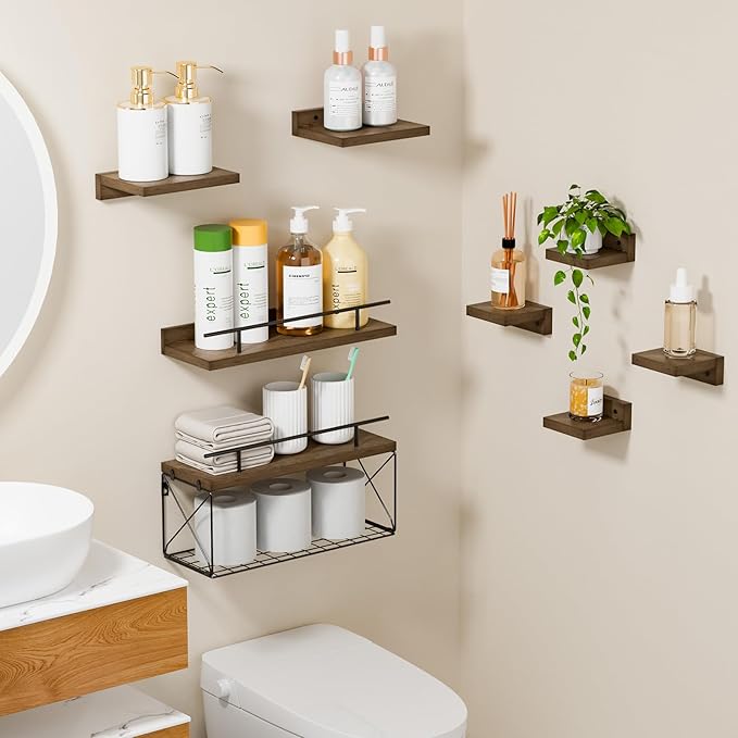 Floating Shelves for Wall Set of 8, Wall Shelves for Decoration and Storage, Bathroom Shelves with Wire Storage Tier, Wood Shelves for Bathroom, Living Room, Bedroom, Kitchen (Brown)