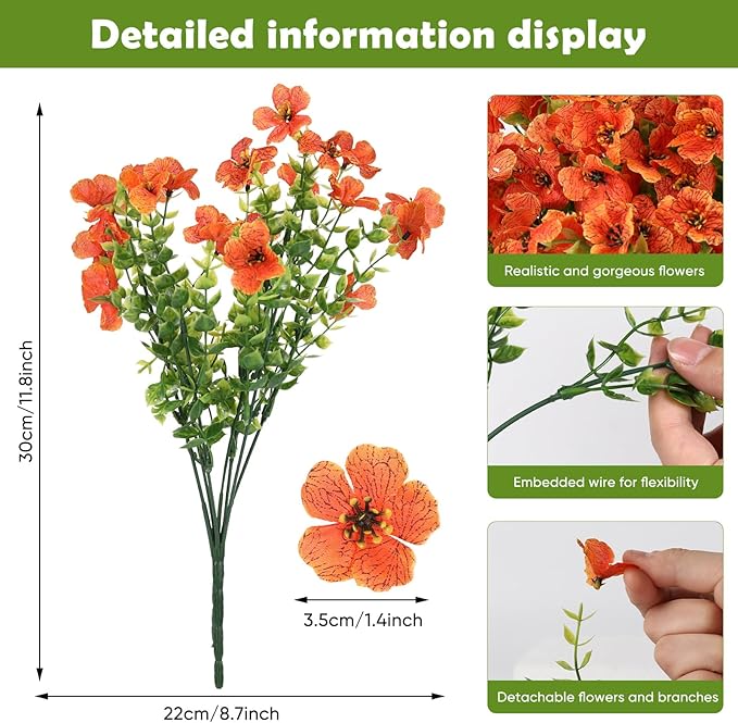 Artificial Flowers for Outdoors, 12 Bundles Artificial Plants & Flowers Outdoor, UV Resistant Faux Flowers Silk Fake Flower for Outside Porch Pot Window Garden Planter Decoration (Orange)