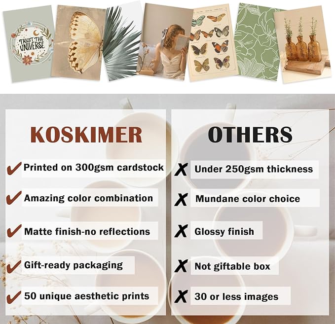 KOSKIMER Boho Wall Collage Kit Aesthetic Pictures, 50 Set 4x6 Inch, Earthy Room Decor Aesthetic, Saga Green Photo Collage Kit, Boho Posters for Teen Girl Dorm Bedroom, Trendy Collage Wall Decor