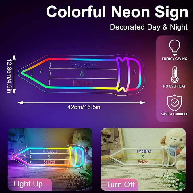 Read Book And Be Kind Neon Sign Student Classroom Neon Lights For Wall Decor Dimmable Colorful Light Up Sign For Bedroom Library Classroom Reading Study Room Decoration Boy Girls Gifts